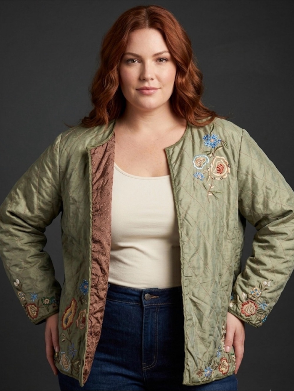 Embroidered Quilted Bomber Jacket - Sage Green
